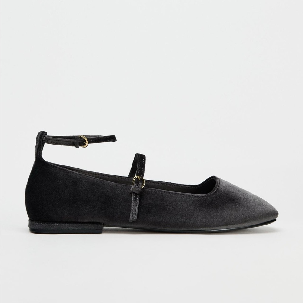 Zara Gray Velvet Ballet Flats shoes Buckle Strap Mary Jane Square size 9 40 NWT - Picture 5 of 12